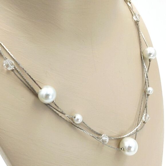 Faux Pearl & Crystal 3 Strand Necklace - Picture 3 of 6
